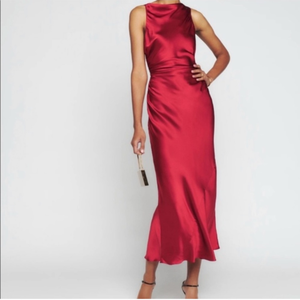 Reformation Casette Midi Silk Dress Ruby Red Wine